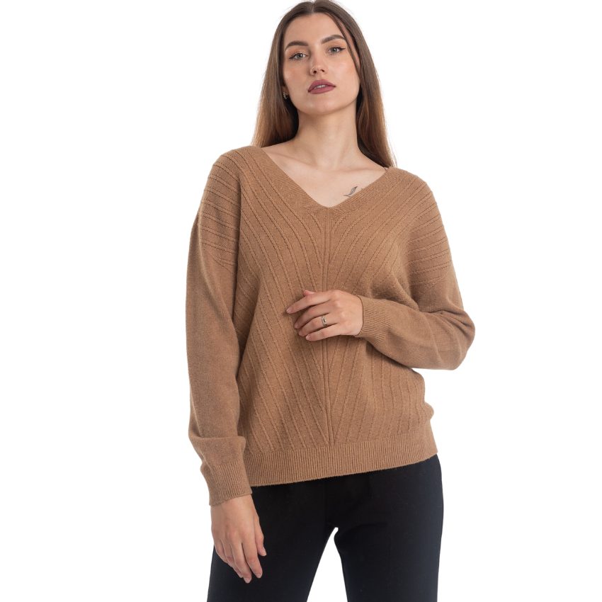 Vera May Italian Camel V-Neck Sweater 0007