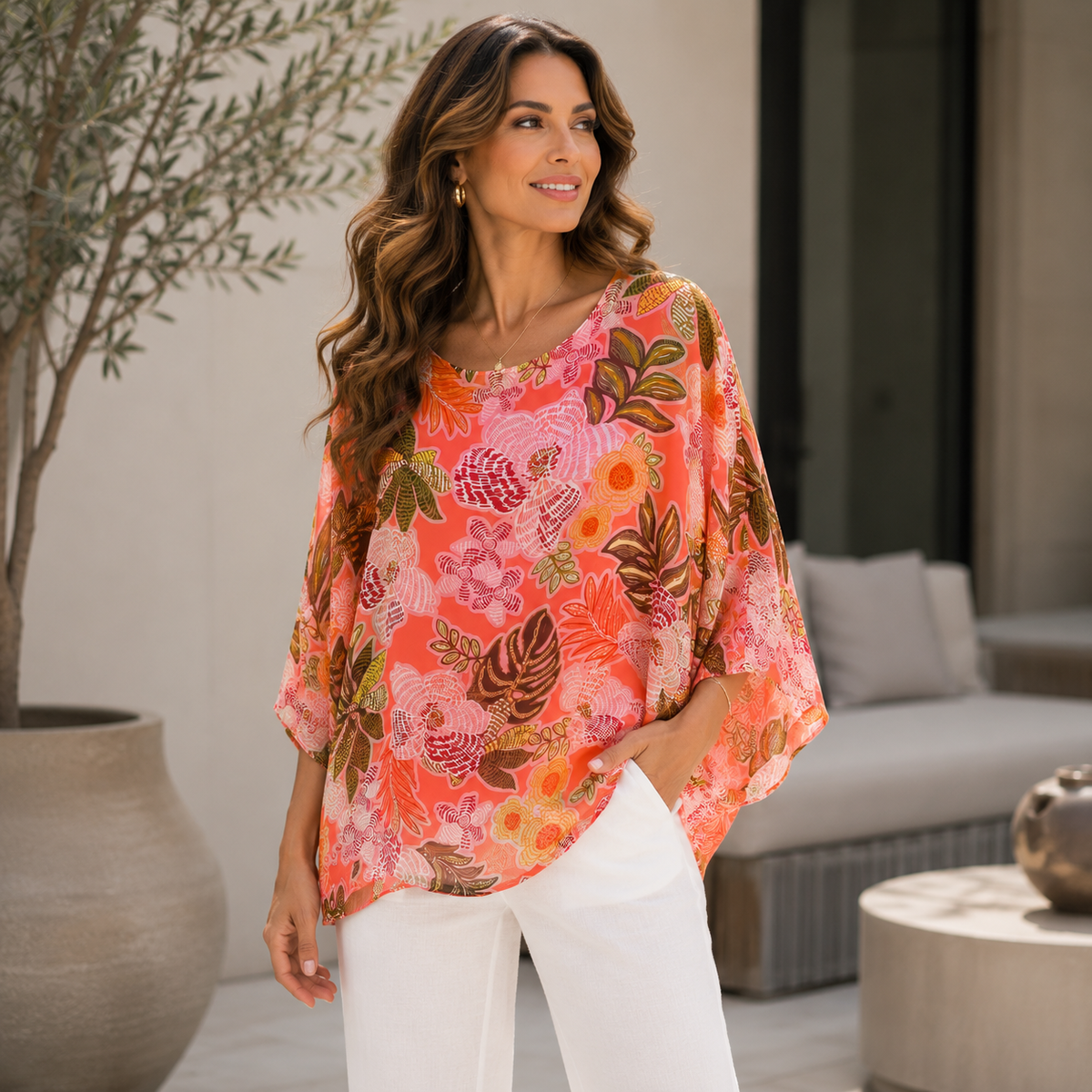 Vera May coral Italian silk top 278014
