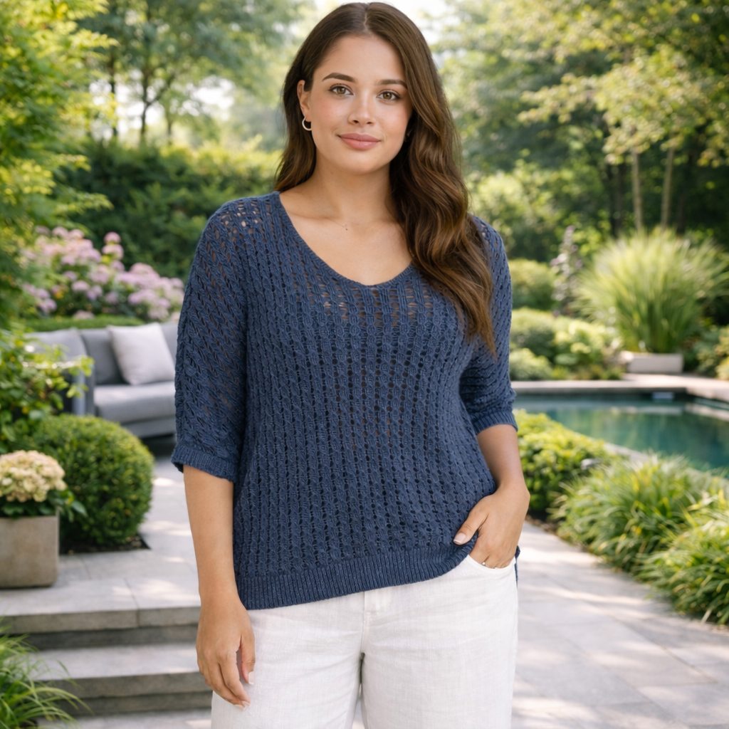 6018 BLUE ITALIAN LINEN TOP
