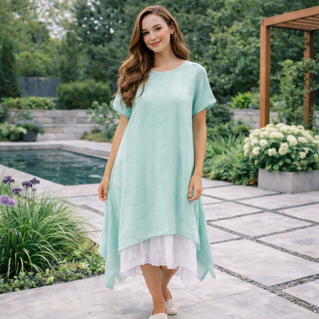 6345 Aqua Vera May Italian Linen Dress