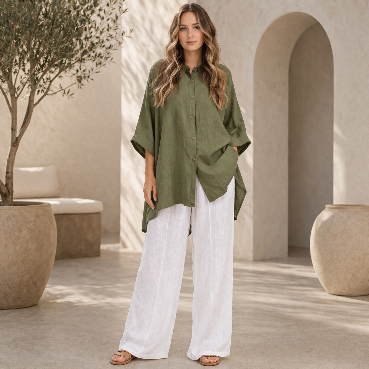 6389 KHAKI ITALIAN LINEN TOP