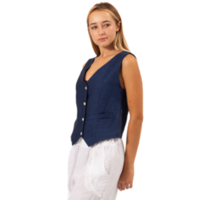 VERA MAY FRENCH LINEN VEST NAVY TOP 6424