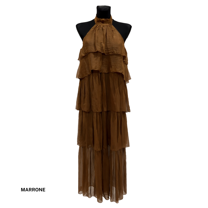6793 ITALIAN SILK HALTER NECK DRESS BROWN