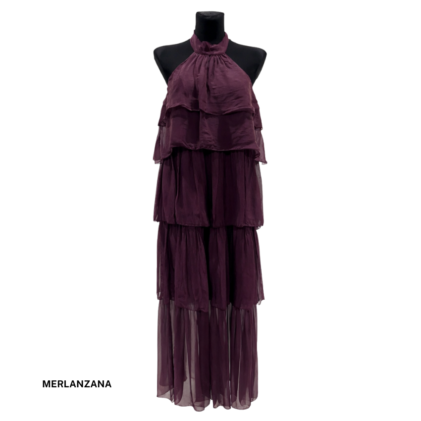 6793 ITALIAN SILK HALTER NECK DRESS AUBERGINE PURPLE