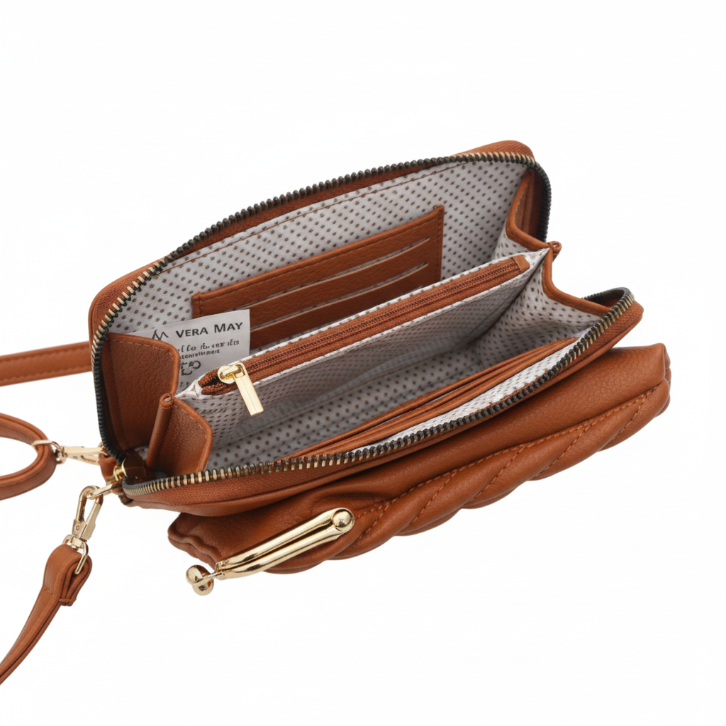 Brown leather crossbody bag with gold zipper on a white background