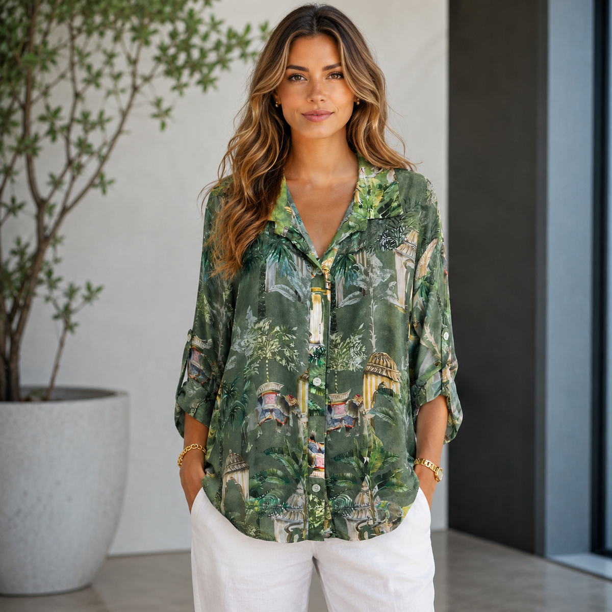 Vera May military green Italian silk top 10036B