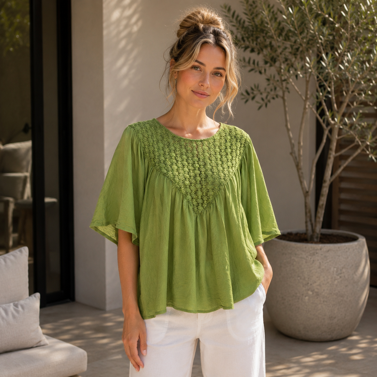 Vera May caper green Italian viscose top 10042
