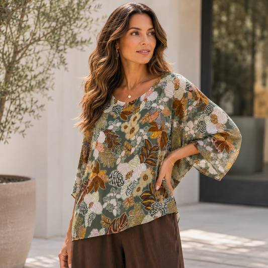 Vera May military green Italian silk top 278014