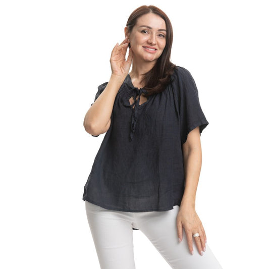 Vera May Italian Linen Navy Top 2840