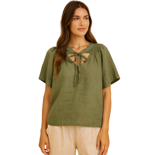 Vera May Italian Linen Khaki Top 2840