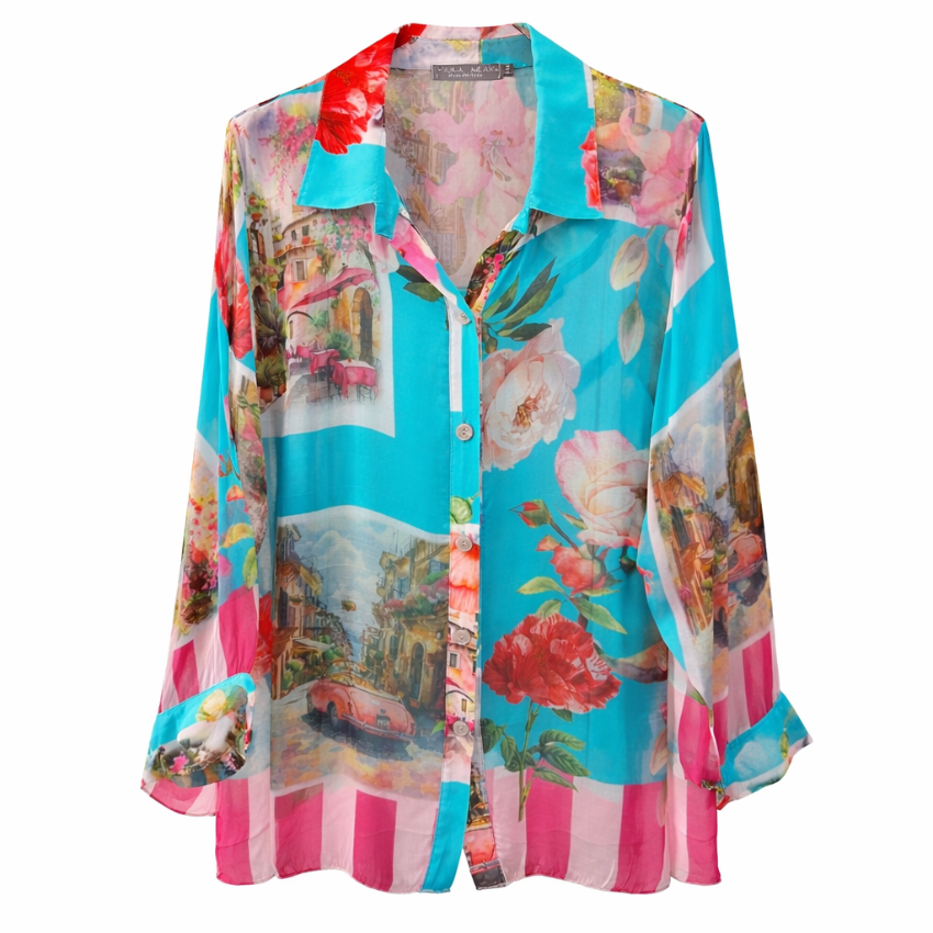 Vera May Italian Silk Blouse Tiffany Blue 2843A