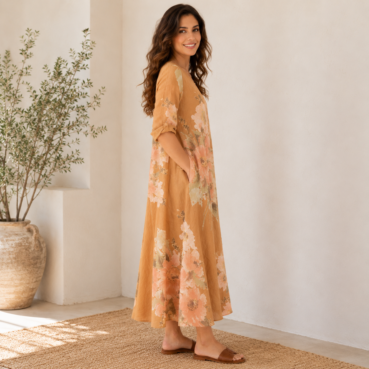VERA MAY ITALIAN LINEN CAMELLO DRESS 2976
