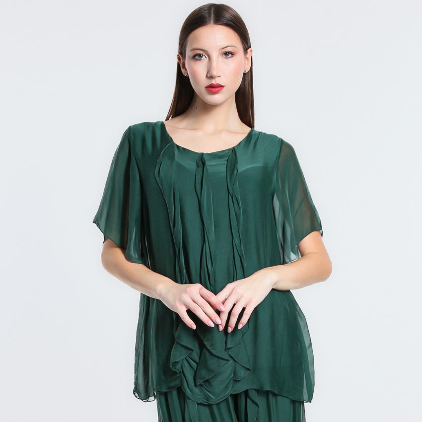 vera may Emerald Green italian silk elegant top with frills