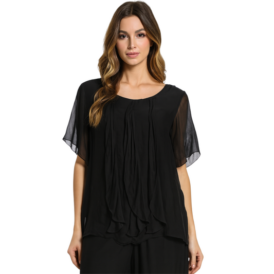 2988 Black Vera May Italian Silk Frill Top