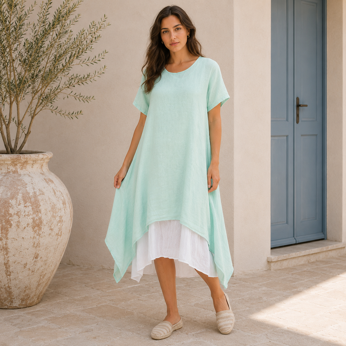 6345 Aqua Vera May Italian Linen Dress