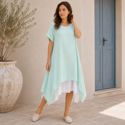 6345 Aqua Vera May Italian Linen Dress