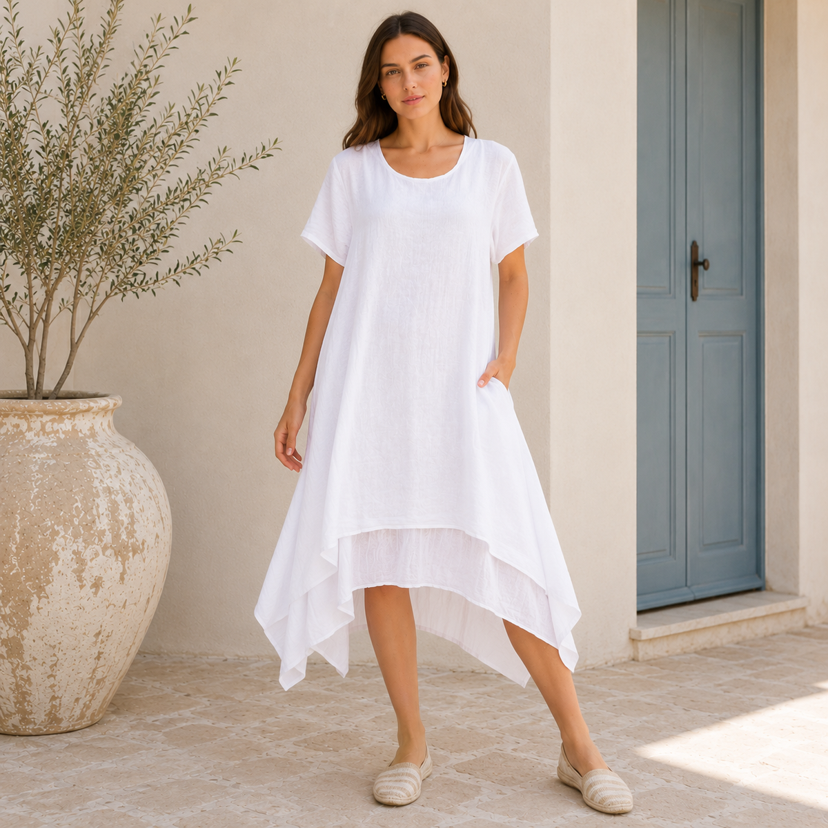 6345 Bianco Vera May Italian Linen Dress