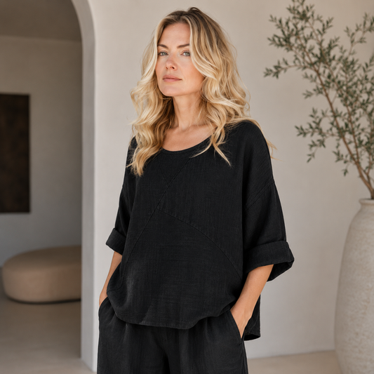 6347 BLACK ITALIAN LINEN TOP
