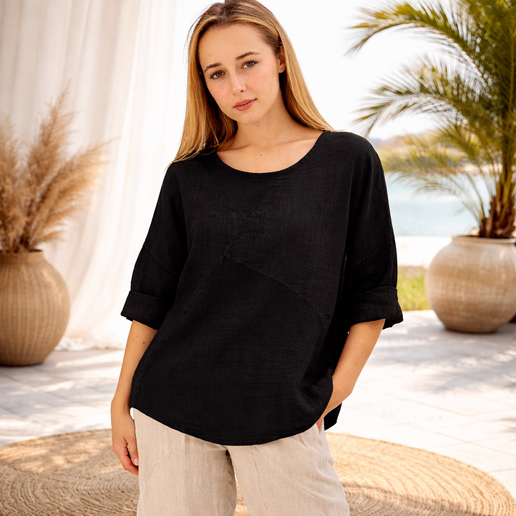 6347 BLACK ITALIAN LINEN TOP