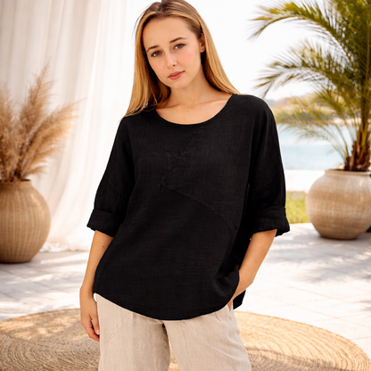 6347 BLACK ITALIAN LINEN TOP