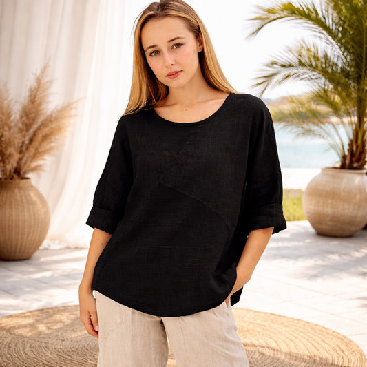 6347 BLACK ITALIAN LINEN TOP