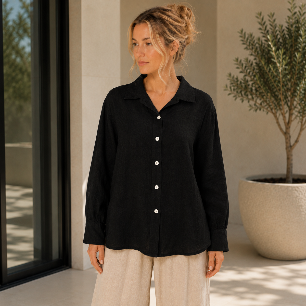 6356 BLACK ITALIAN LINEN TOP