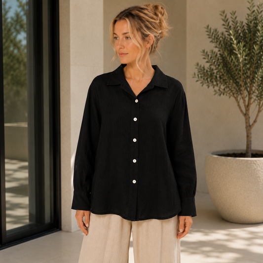 6356 BLACK ITALIAN LINEN TOP