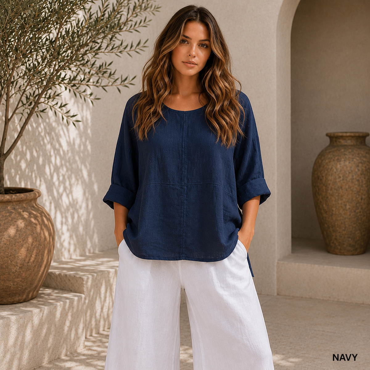 6368 NAVY ITALIAN LINEN TOP