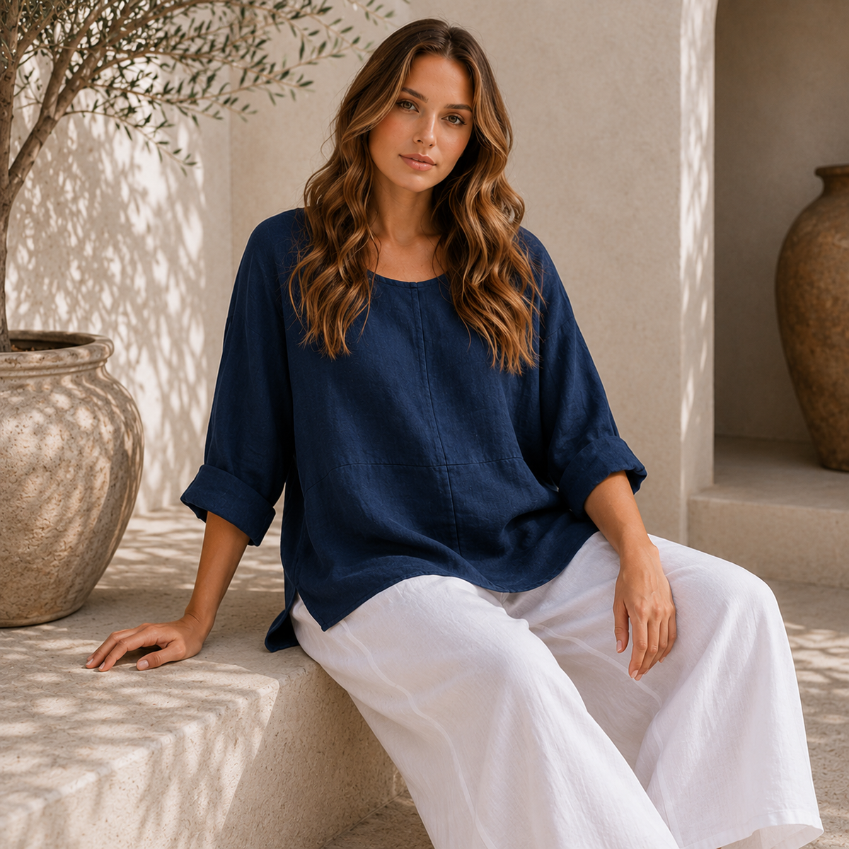 6368 NAVY ITALIAN LINEN TOP
