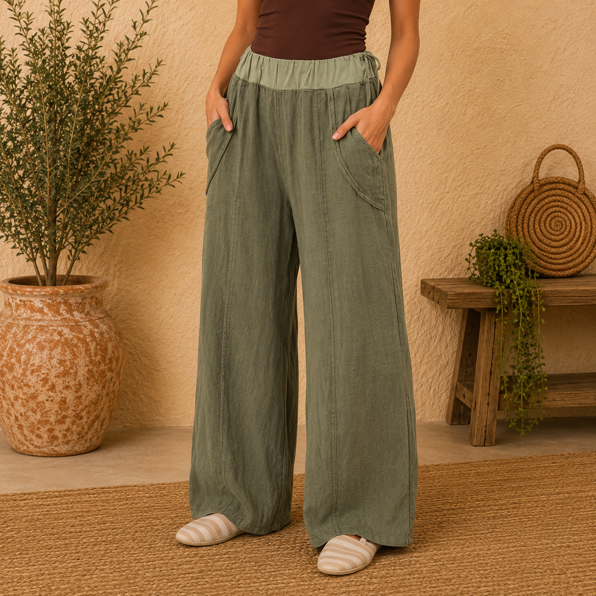 Vera May Italian Linen Khaki Pant 6372