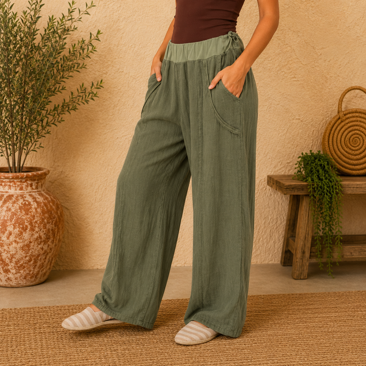 Vera May Italian Linen Khaki Pant 6372