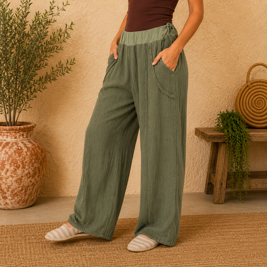 Vera May Italian Linen Khaki Pant 6372