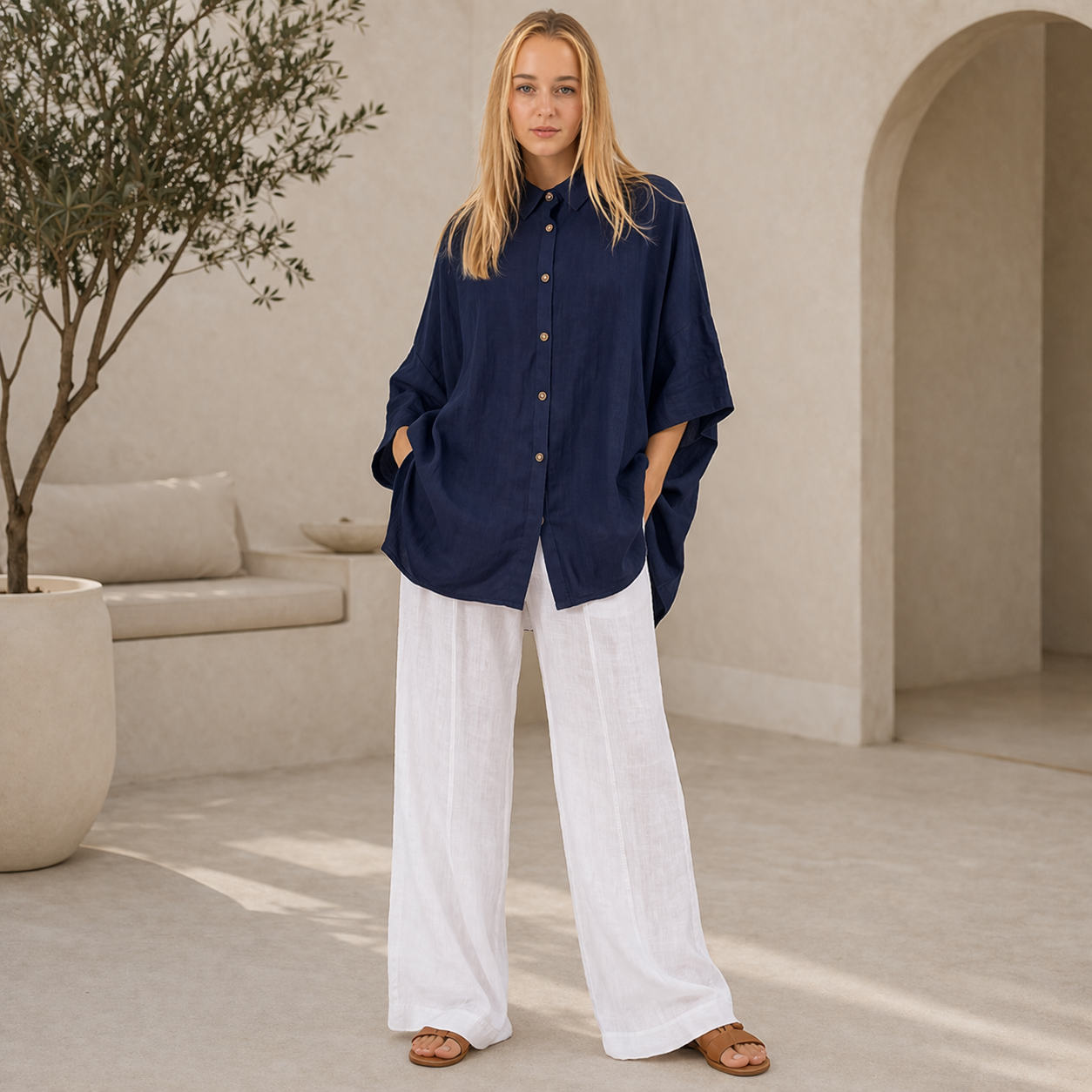 6389 NAVY ITALIAN LINEN TOP