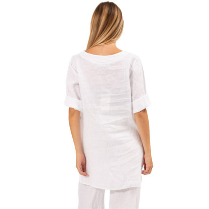 VERA MAY ITALIAN LINEN FLORAL TOP WHITE