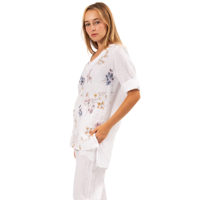 VERA MAY ITALIAN LINEN FLORAL TOP WHITE