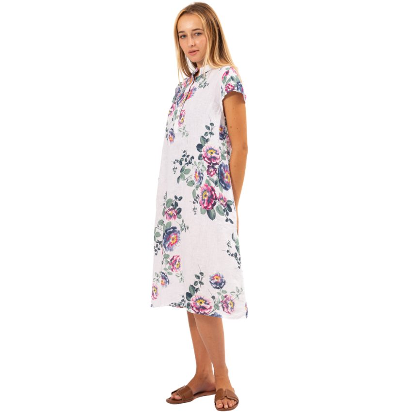VERA MAY FLORAL WHITE LINEN DRESS ITALIAN