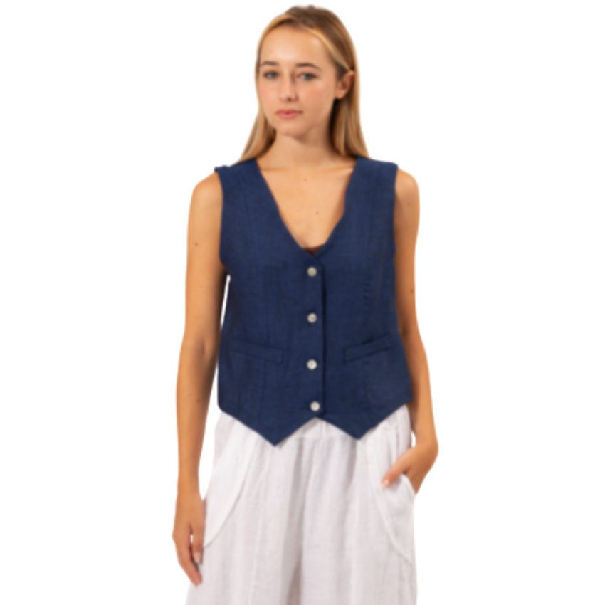 VERA MAY FRENCH LINEN VEST NAVY TOP 6424