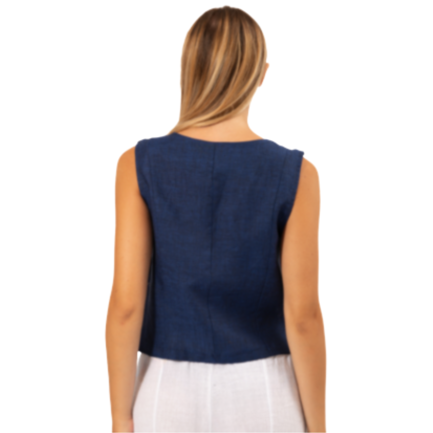 VERA MAY FRENCH LINEN VEST NAVY TOP 6424