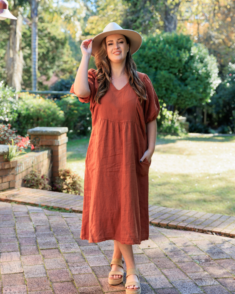 6426 Rust Vera May Italian Linen Dress
