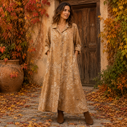 6665 Vera May Italian Linen Floral Maxi Dress Camello