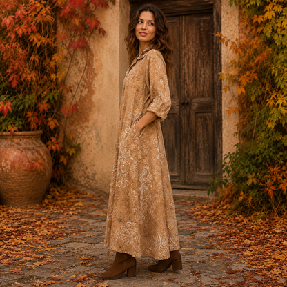 6665 Vera May Italian Linen Floral Maxi Dress Camello