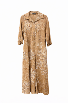 6665 Vera May Italian Linen Floral Maxi Dress Camello
