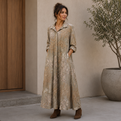 6665 Vera May Italian Linen Floral Maxi Dress Fango