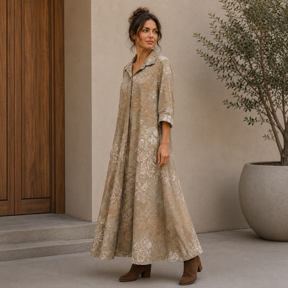6665 Vera May Italian Linen Floral Maxi Dress Fango