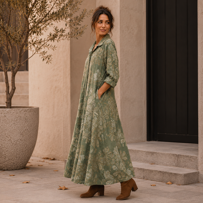 6665 Vera May Italian Linen Floral Maxi Dress Militare Khaki Green
