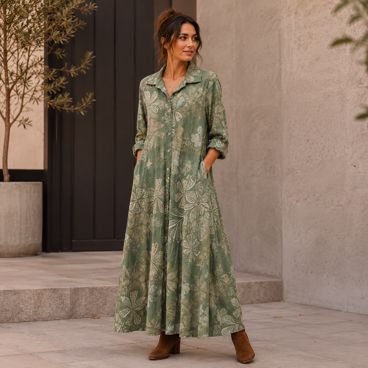 6665 Vera May Italian Linen Floral Maxi Dress Militare Khaki Green