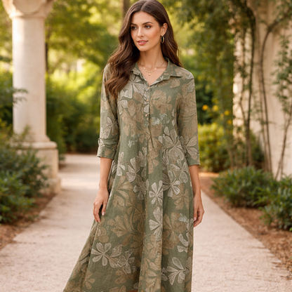 6665 Vera May Italian Linen Floral Maxi Dress Militare Khaki Green