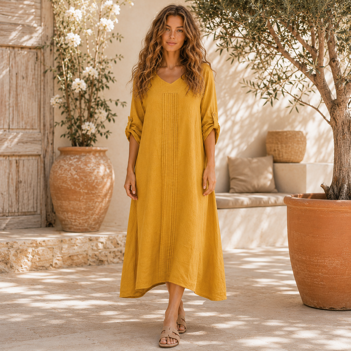 VERA MAY ITALIAN LINEN SENAPE DRESS 6677