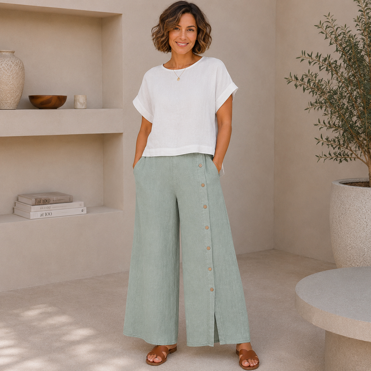 Vera May Italian Linen Salvia Pant 6708