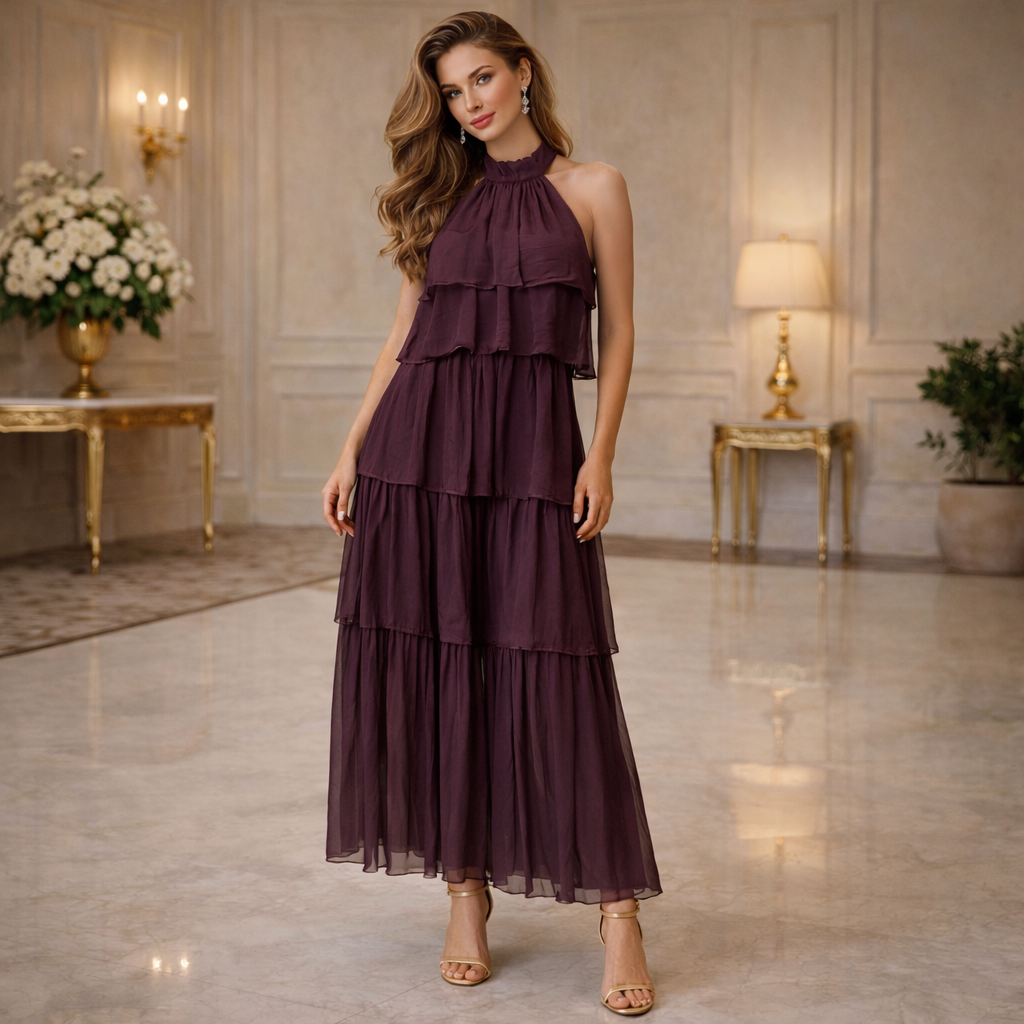 6793 ITALIAN SILK HALTER NECK DRESS AUBERGINE PURPLE